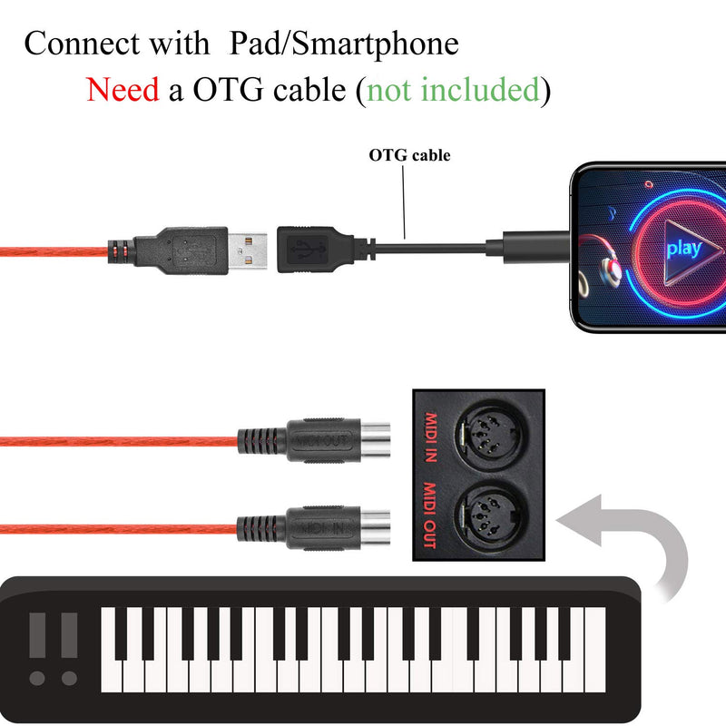 [AUSTRALIA] - OTraki USB to MIDI Cable 5 Pin Input Output MIDI to USB 1.1 & 2.0 Interface Adapter for Home Studio Connect Piano Keyboard with Laptop Editing & Recording Music Track Work - 6.5ft 