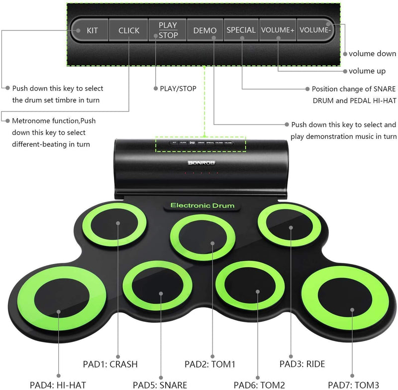 BONROB Electronic Drum Set for Kids, Foldable and Roll Up 7 Drum Pad Compatible with Roland Software, Built in Speaker with Drum Sticks, Great Holiday Birthday Gift for Kids Drum Set (Green) BM001