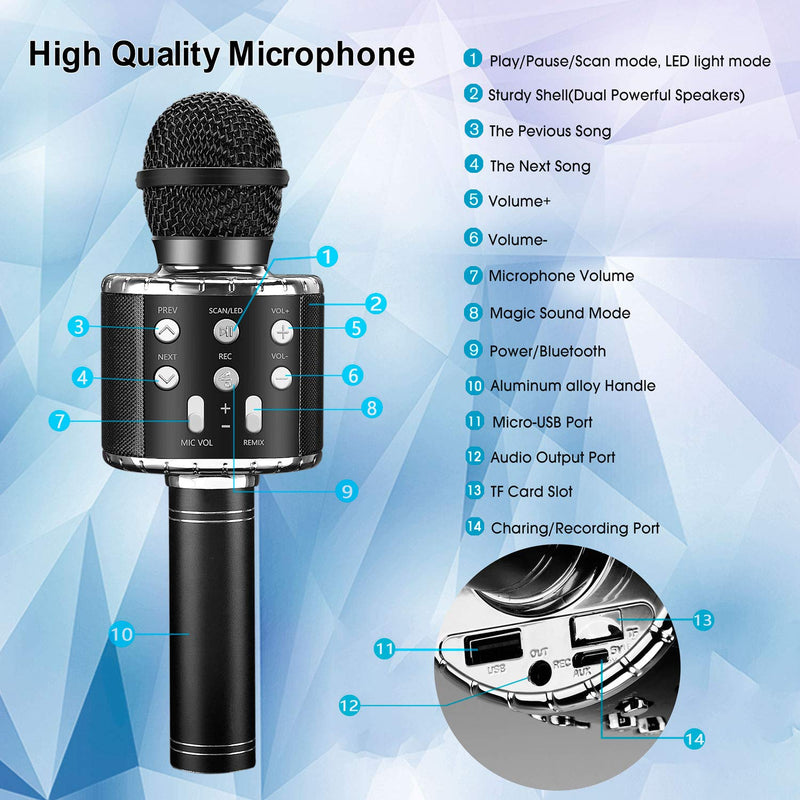 BlueFire Bluetooth 4 in 1 Karaoke Wireless Microphone with LED Lights, Portable Microphone for Kids, Girls, Boys and Adults (Black) black