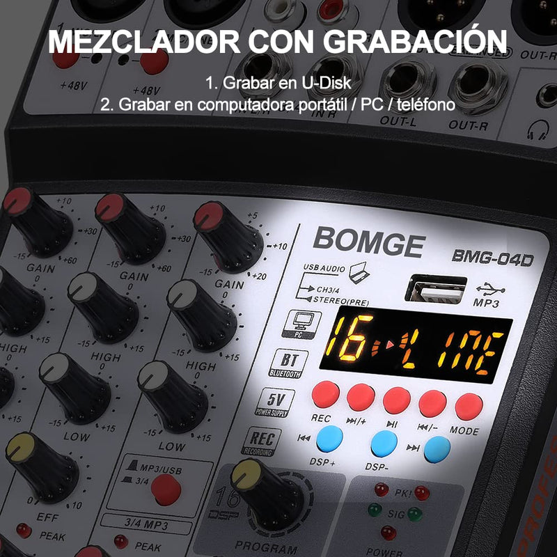 BOMGE 04D portable bluetooth 4 Channel DJ audio sound mixer mixing console with usb interface , 48V Phantom Power input, 16 Echo effects for recording, live streaming, singing (Black) black