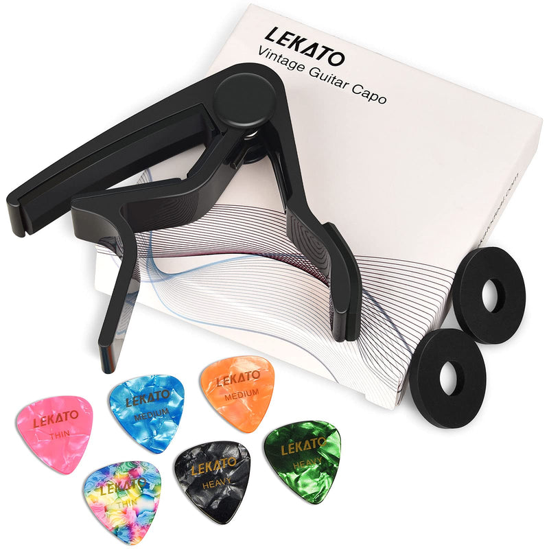 Guitar Capo with 6 Guitar Picks,LEKATO Capo with 6 Guitar Picks 2 Safety Strap Locks for Acoustic and Electric Guitar Ukulele Bass Mandolin and Banjo