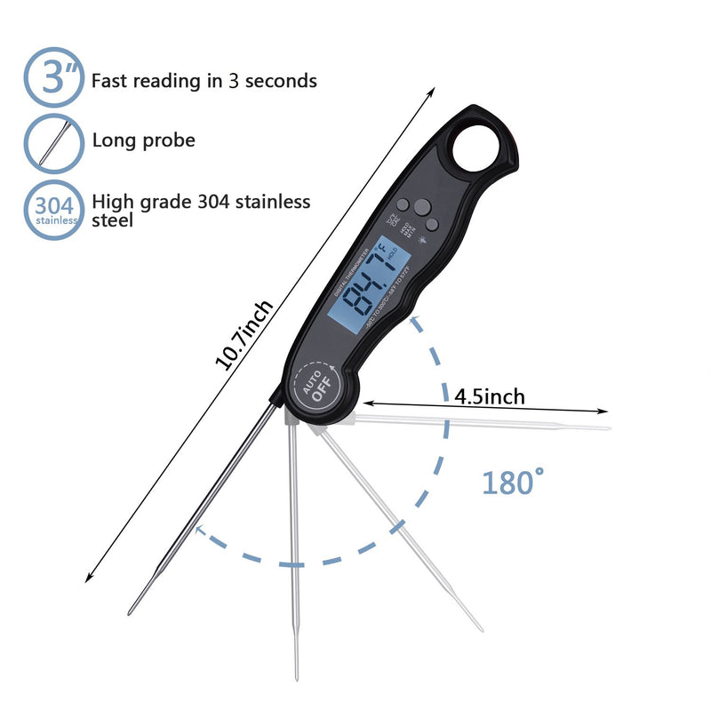 Meat Thermometer, AIBIS Ultra Fast Instant Read Thermometer with Collapsible Probe and Magnet Waterproof Kitchen Cooking Thermometer for Outdoor BBQ Fork Grill Smoker Fry Food, Black