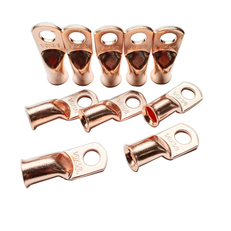 10PCS 1/0 Gauge 1/0 AWG x 3/8" Pure Copper Wire Lugs, Heavy Duty Battery Cable Ends, Copper Lugs, Closed End Tubular Ring Terminals,Battery Lugs Assortment with Red + Black Heat Shrink Tubing