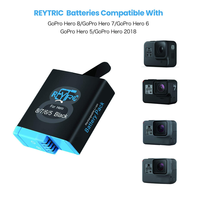 REYTRIC Hero 8/7/6 Replacement Batteries 3-Pack and 3-Channel LED USB Charger Compatible with GoPro Hero 8 Black, GoPro Hero 7 Black, Hero 6 Black, Hero 5 Black, AHDBT-801