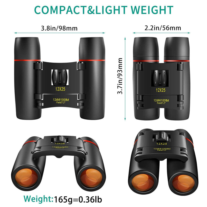 POLDR 12X25 Small Pocket Binoculars Compact Adults,Mini Kids Binoculars Boys for Bird Watching,Concert Theater Opera Black
