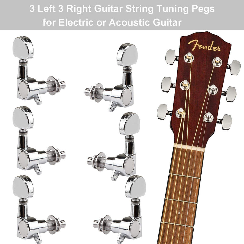 6 Pieces Guitar Lock Tuners (3L+3R Handed) Guitar String Tuning Pegs Machine Head Tuners for Electric or Acoustic Guitar, Chrome