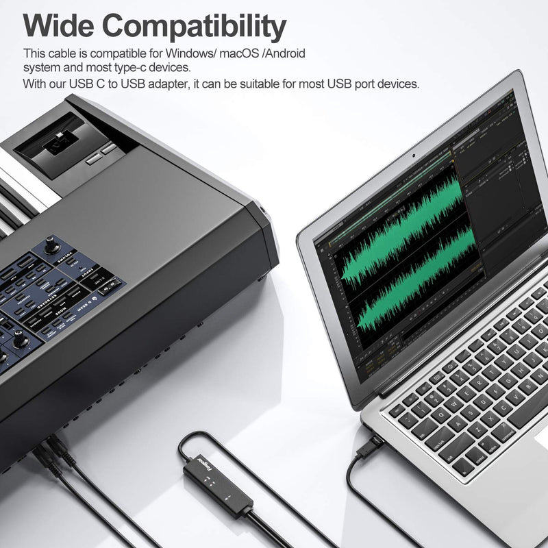 USB C MIDI Cable with Type C to USB Adapter, Fasgear 6ft Type C to In-Out MIDI Cable for Music Keyboard Piano to PC Laptop, MIDI to USB C Interface Converter for Windows, Android, Mac OS