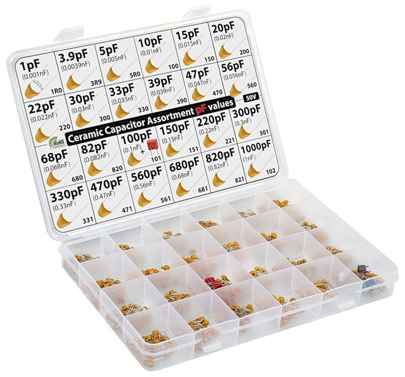 pF values - Box Capacitor Kit Assortment 485 pcs 24 values, all pF: 1pF, 3.9pF, 5pF, 10pF, 15pF, 20pF, 22pF, 30pF, 33pF,39pF, 47pF, 56pF, 100pF, 150pF, 220pF, 330pF, 470pF 560pF 680pF 820pF 1000pF etc