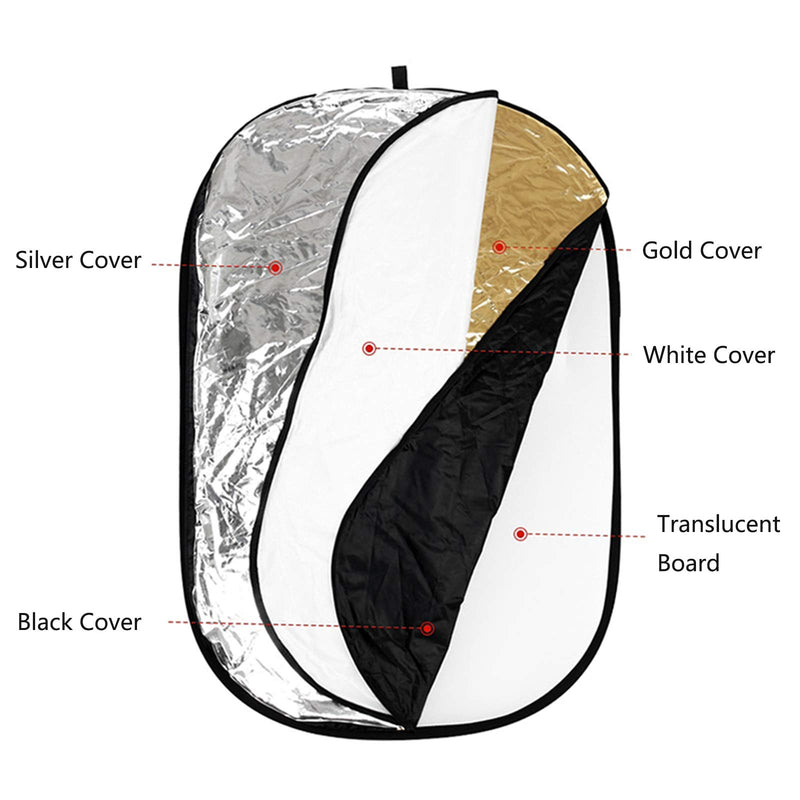 Photo Light Reflector 24x36 Inches/ 60x90 cm 5 in 1 Diffuser Photography Collapsible with Bag for Studio Outdoor Lighting, Translucent, Silver, Gold, White and Black