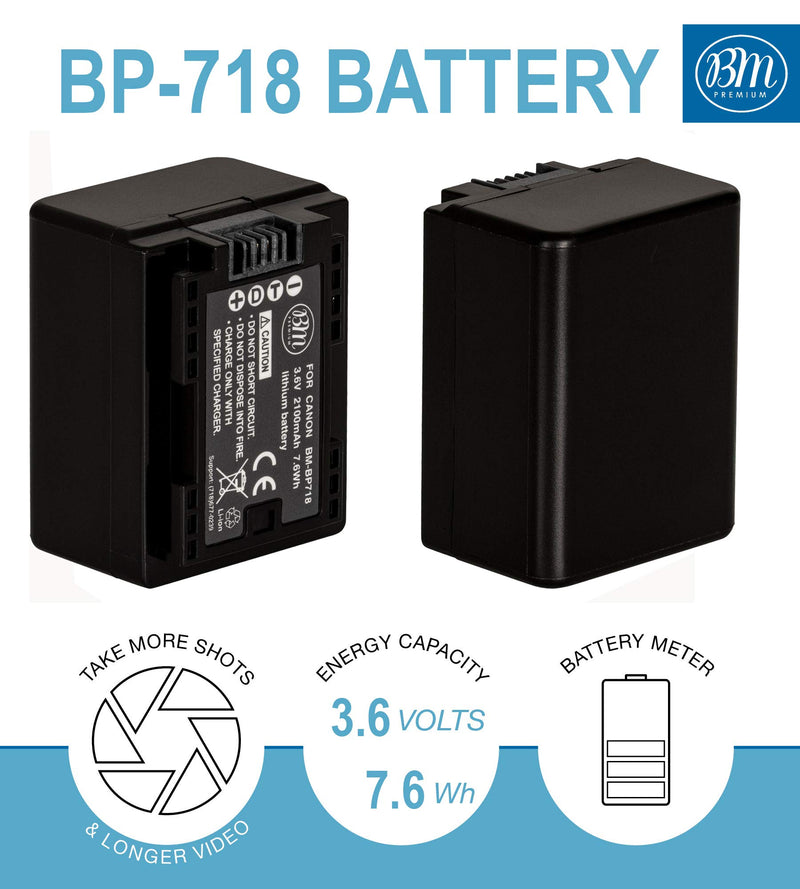 BM Premium BP-718 Battery and Charger for Canon Vixia HFR80, HFR82, HFR800, HFM50, HFM52, HFM500, HFR30, HFR32, HFR300, HFR40, HFR42, HFR400, HFR50, HFR52, HFR500, HFR60, HFR62, HFR600, HFR70, HFR72, HFR700