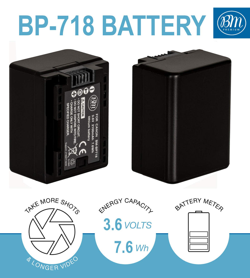 BM Premium 2 BP-718 Batteries and Charger for Canon Vixia HFR80, HFR82, HFR800, HFR70, HFR72, HFR700, HFM500, HFR30, HFR32, HFR300, HFR40, HFR42, HFR400, HFR50, HFR52, HFR500, HFR60, HFR62, HFR600
