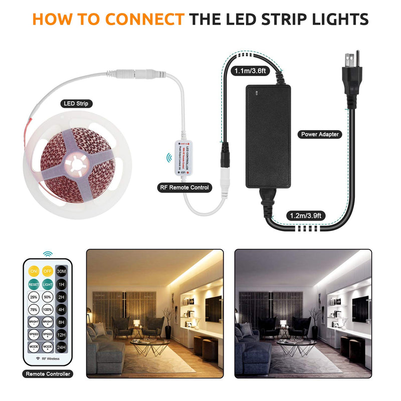 [AUSTRALIA] - 5M LED Strip Lights Kit 900 LED Strips with RF Remote DC 12V Rope Light Non-Waterproof LED Tape Ribbon Lighting Under Cabinet Lighting Strips (900 Daylight White) 900 Daylight White 