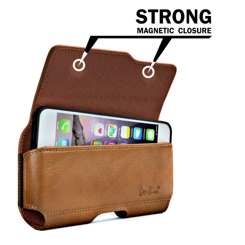 De-Bin Phone Holster Designed for iPhone 12 Pro Belt Case, iPhone 12 Belt Holder/Pouch/Carrying Case with Belt Clip and Belt Loops Cover Fit Apple iPhone 12 Pro/ 12 / XR / 11 with Other Case on Brown