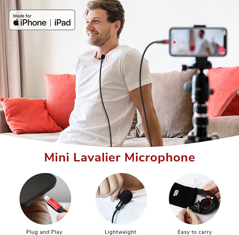 Pixel Voice Professional-Grade Wearable Lavalier Lapel Microphone Compatible with IPhone/IPad (Apple MFi-Certified) Omnidirectional Mic for Video Recording Livestream Vlog YouTube Facebook (9.8ft)