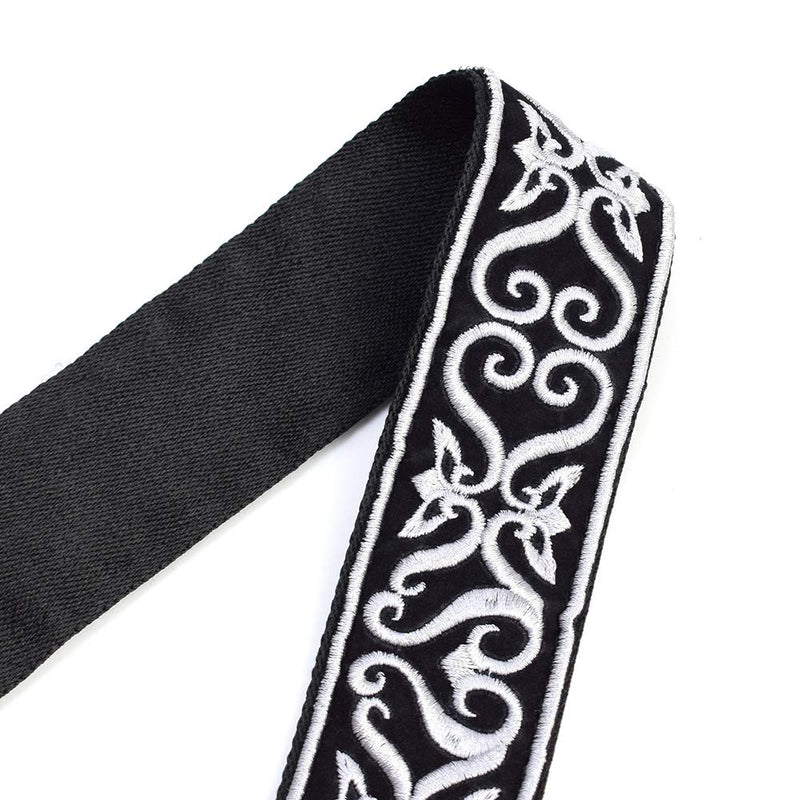 CLOUDMUSIC Acoustic Electric Bass Guitar Strap Jacquard Embroidered Strap With Leather Ends Vintage Pattern Design Picks Free(Silver) Silver
