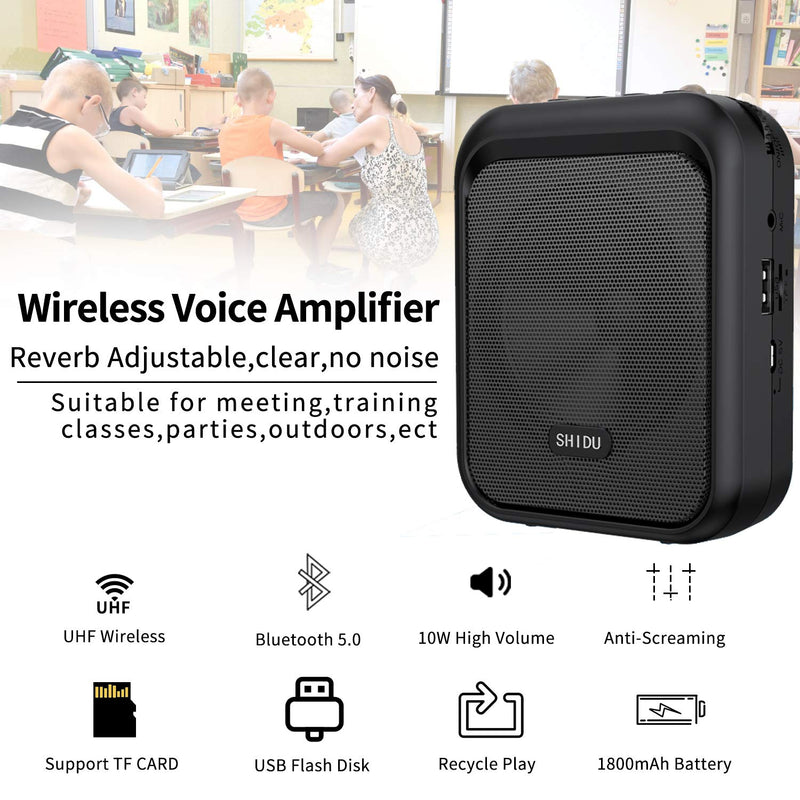 SHIDU Mini Voice Amplifier Portable Bluetooth Speaker with UHF Wireless Microphone Headset 10W 1800mAh PA system Supports MP3 Format Audio for Teachers, Taxi Drivers, Coaches, Training, Tour Guide