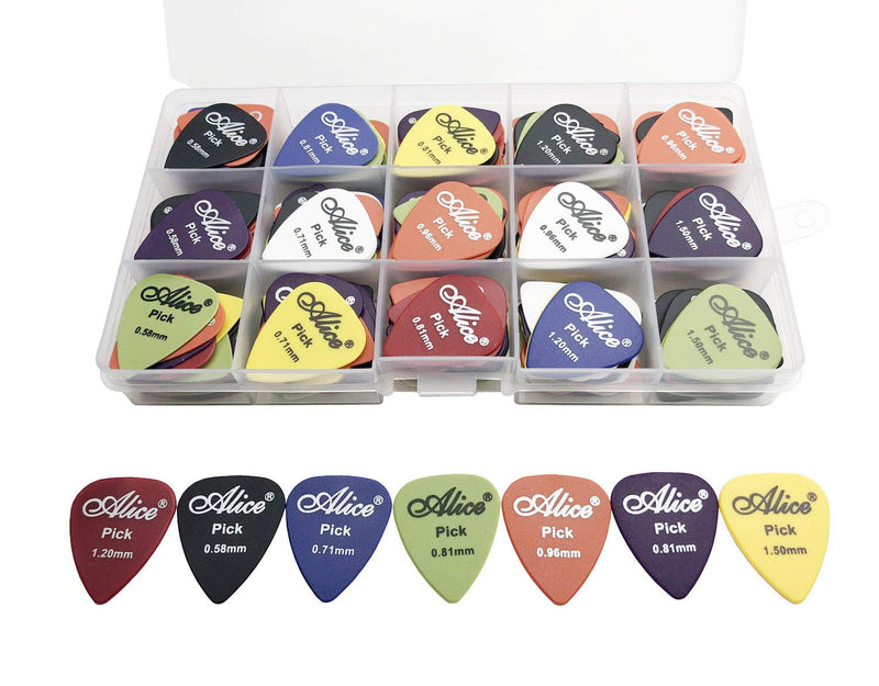 100pcs Alice Matte Anti-Skid Acoustic Electric Guitar Picks Plectrum Various Colors 6 Thickness 0.58/0.71/0.81/0.96/1.20/1.50 mm With Pick Case Storage Box