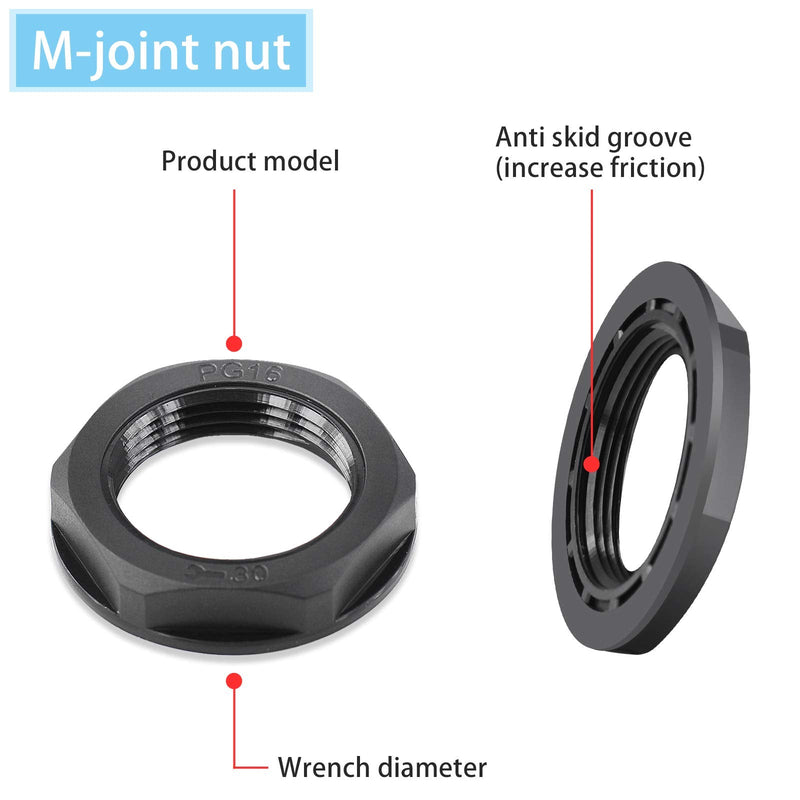 NineLeaf 10 Piece Waterproof Cable Glands Joints Adjustable 6-12mm Cable Connectors,M20x1.5 Black Compression Cable Glands Joints 20mm Diameter Titting Hole Glands, IP66 for Outdoor Use
