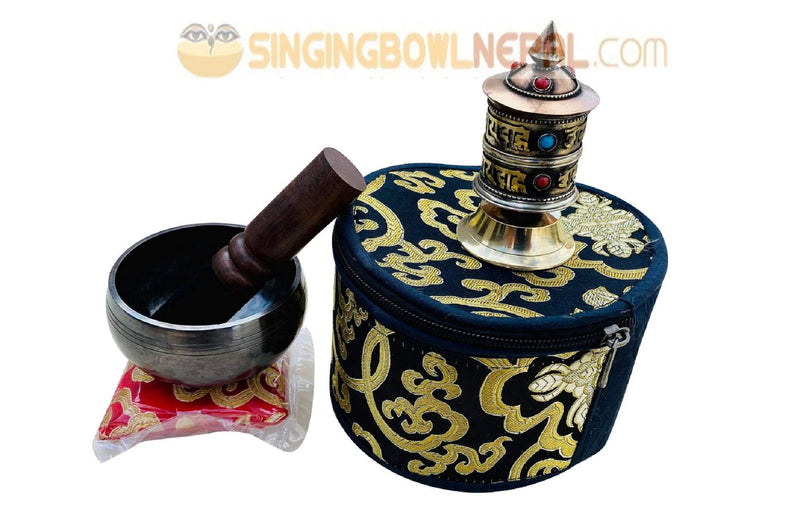 Hand Beaten C Root Chakra Tibetan Meditation Yoga Singing Bowl 3 Inch Set Includes Free Table Top Prayer Wheel