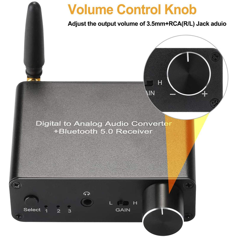 192kHz Digital to Analog Converter Bluetooth 5.0 Receiver DAC with 16-300Ω Headphone Amplifier Optical/Coaxial to RCA 3.5mm Audio Output with Volume Control for TV Phone Tablet (Normal, Basic) normal