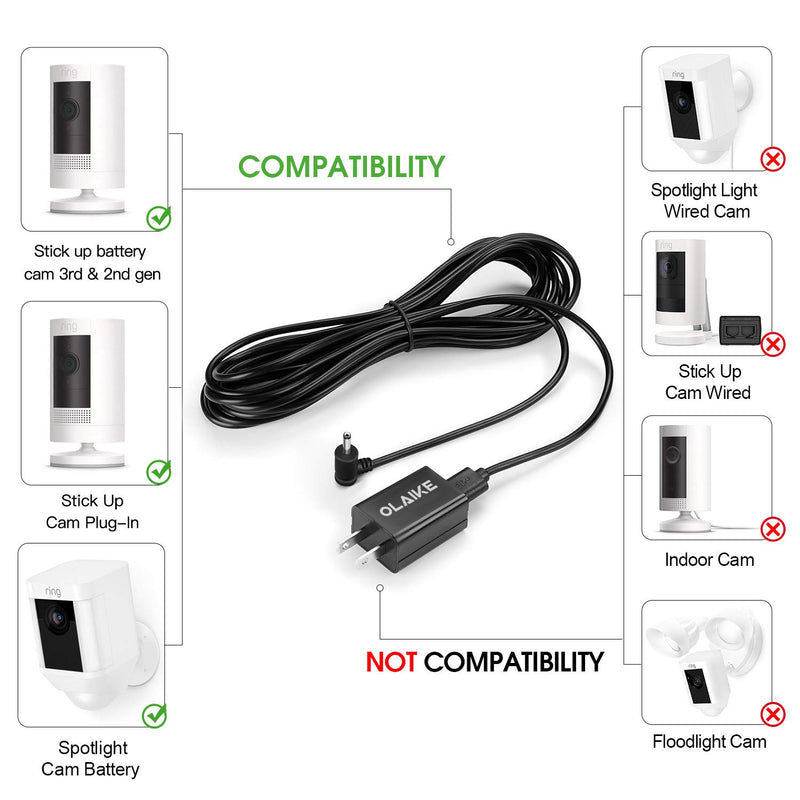 OLAIKE 5m/16ft Charge Cable with DC Power Adapter Compatible with Stick Up Cam Battery 3rd Gen/2nd Gen/Plug-in & Spotlight Cam Battery,Weatherproof Cable to Continuously Charge Your Camera,Black Black（16 ft/5 m）