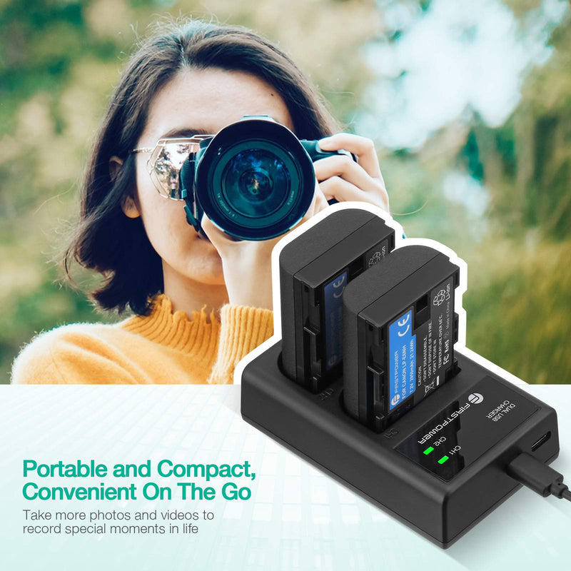 FirstPower LP-E6NH High Capacity Batteries and USB Dual Charger for Canon EOS R, R5, R6, 90D, 5D Mark II/III/IV, 5Ds, 6D, 6D Mark II, 7D, 7D Mark II, 60D, 70D, 80D Cameras