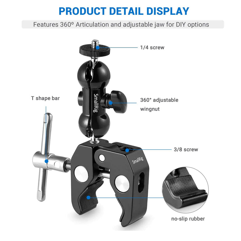 SmallRig Cool Ballhead Arm Super Camera Clamp Mount Double Ball Adapter, Fence Desk Table Mount for Ronin-M for Insta360, for Gopro - 1138