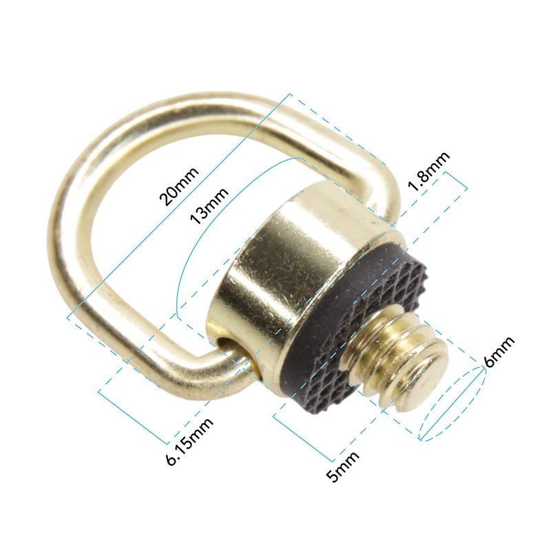 Foto&Tech Stainless Steel 1/4"-20 Rubber Padded D Ring Screw, D-Shaped Ring Camera Sling Screw for Shoulder Straps, Wrist Straps, Selfie Sticks, Gimbals (2 Pieces, Gold) 2 Pieces