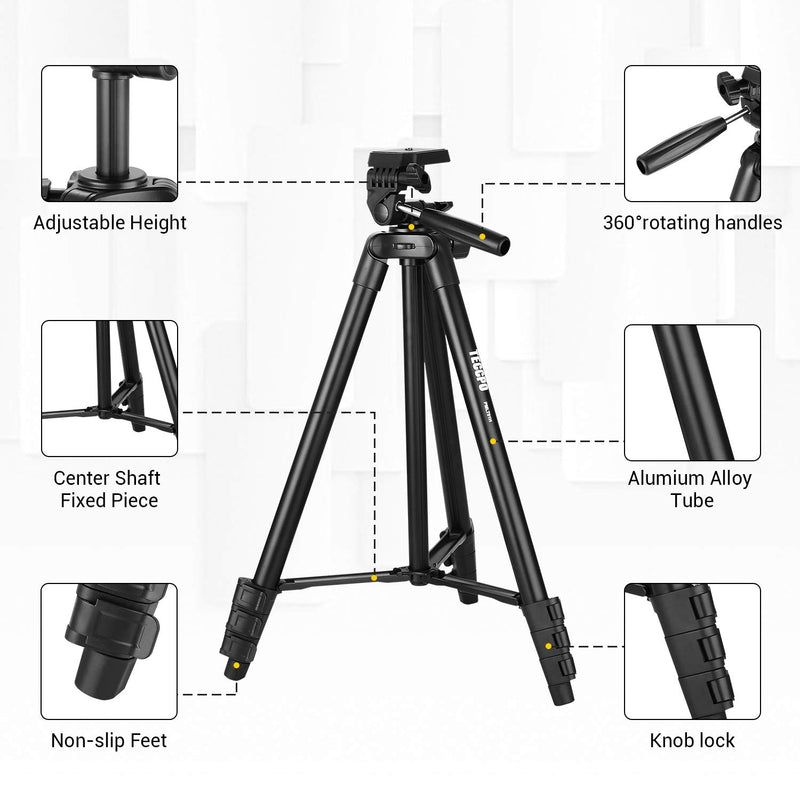 Lightweight Tripod TECCPO 53-Inch with Bluetooth and Universal Clip, Tripod Stand for Camera/Phone/Vide, 360° Ball Head, Carry Bag for Travel - PMLT01H