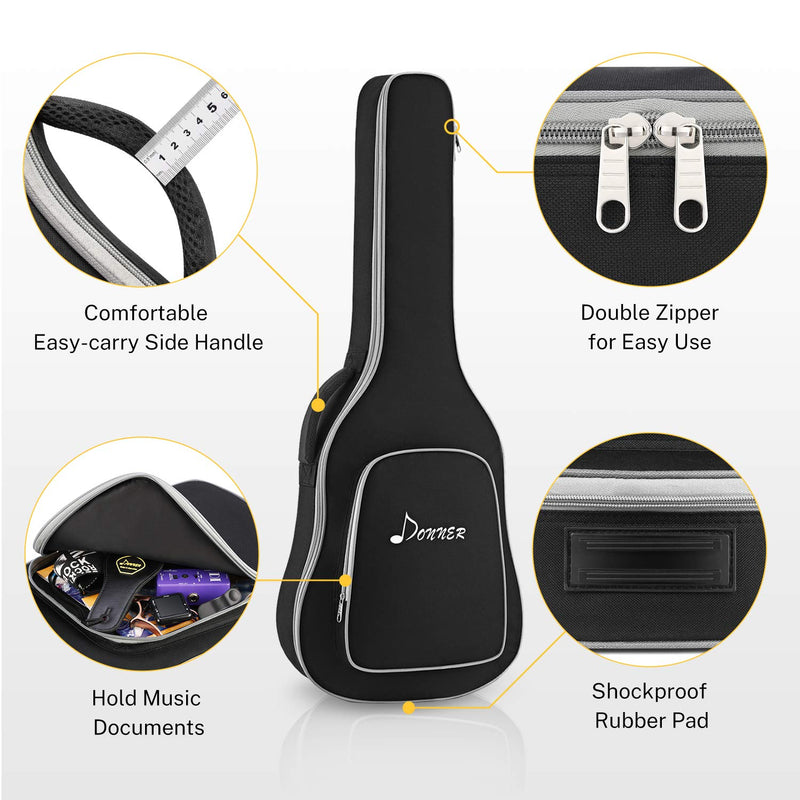 Donner 36 Inch Acoustic Guitar Case, Acoustic Guitar Bag 0.3 Inch Thicken Sponge Pad 600D Thick Ripstop Waterproof Dual Adjustable Shoulder Strap Soft Guitar Case Gig Bag Black