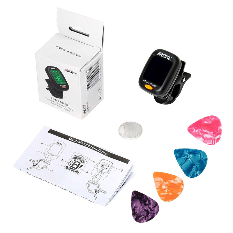 Clip On Guitar Tuner For All Instruments, Ukulele, Guitar, Bass, Mandolin, Violin, Banjo, Large Clear LCD Display For Guitar Tuner, Chromatic Tuner, 4 PCS Guitar Picks Included