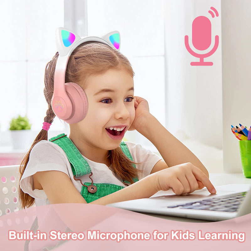 TOKANI Kids Headphones, Bluetooth Wireless Headphones for Kids Teens Adults, Over-Ear Bluetooth Headphones with Microphone, Cat Ear Headphones for Girls Women (New Pink) New Pink
