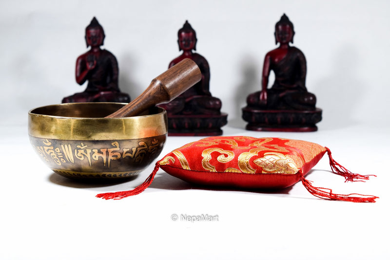 Tibetan Singing Bowl Set with Mallet & Silk Cushion Om Mani Padme Hum Etching For Meditation, Chakra Healing, Prayer,Yoga, and Mindfulness (5 Inch, Original)