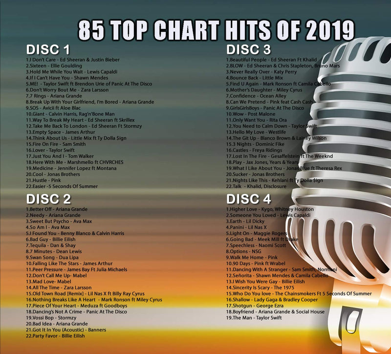 Vocal-Star 2019 Karaoke Chart Hits 85 Songs on 4 CD+G (CDG) Discs. The Top 85 Chart Songs of 2019