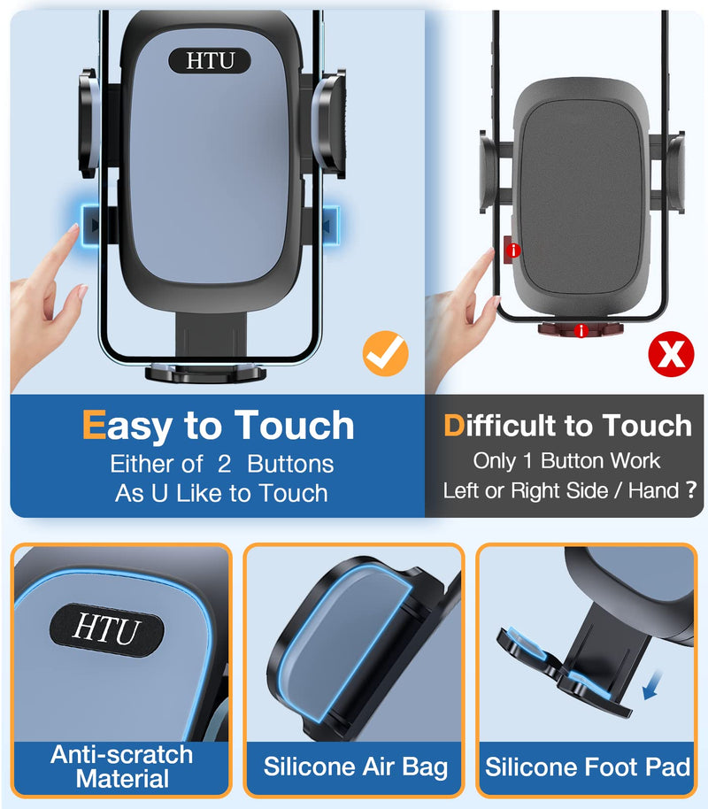 HTU Cell Phone Holder for Car Dashboard [Big Phones & Thick Case Friendly] Compatible for iPhone 13 Pro Max 12 11 Pro All Smartphones Easy One Touch Cellphone Car Mount Dash Windshield Air Vent Cradle