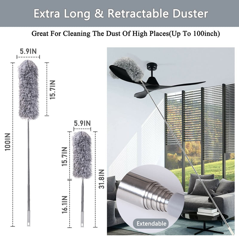 [AUSTRALIA] - Telescoping Microfiber Feather Duster for Cleaning, 100" Extra Long Extendable Duster, Bendable & Washable for Cleaning Cobweb, Ceiling Fan, High Ceiling, Blinds, Furniture & Cars Gray 