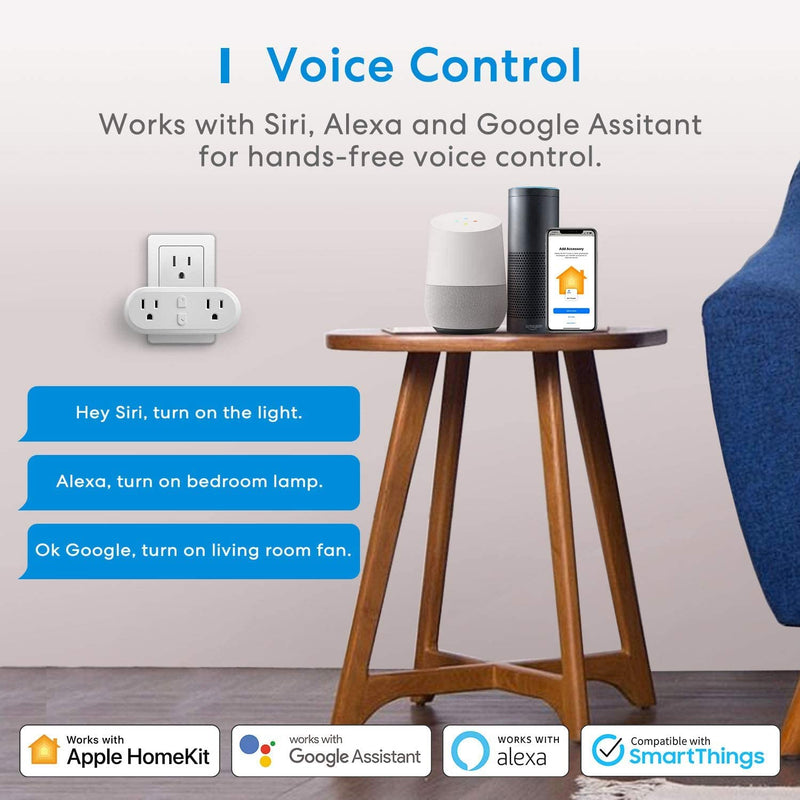 Meross Wi-Fi Dual Smart Plug, 15A 2-in-1 Smart Outlet, Support Apple HomeKit, Siri, Alexa, Echo, Google Home and SmartThings, Voice & Remote Control, Timer, No Hub Required, 2.4G Only, 1 Pack