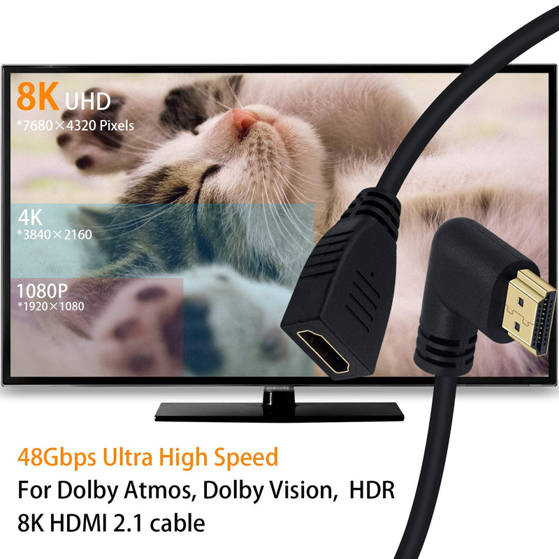 Poyiccot 8K HDMI Extension Cable, Short 8K HDMI 90 Degree Right Angle Male to Female HDMI 2.1 Cable Adapter 48Gbps with 8K 60Hz Video and 3D HDR for TV/Xbox /PS4 /PS5 (Right M/F), 0.5feet 8K HDMI Extension Cable Right Angle