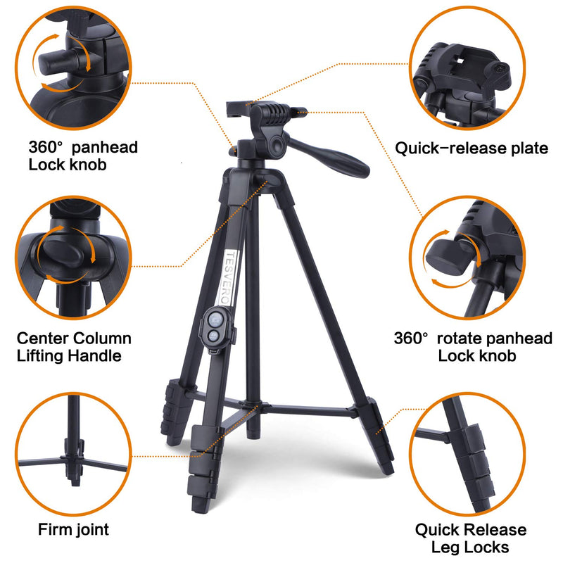 Tripod for iPad iPhone Camera, TESVERO 55" Lightweight Camera Tripod + Wireless Remote + Remote Holder + 2 in 1 Mount Holder for Smartphone (Width 2.2-3.3"), Tablet (Width 4.3-7.3")