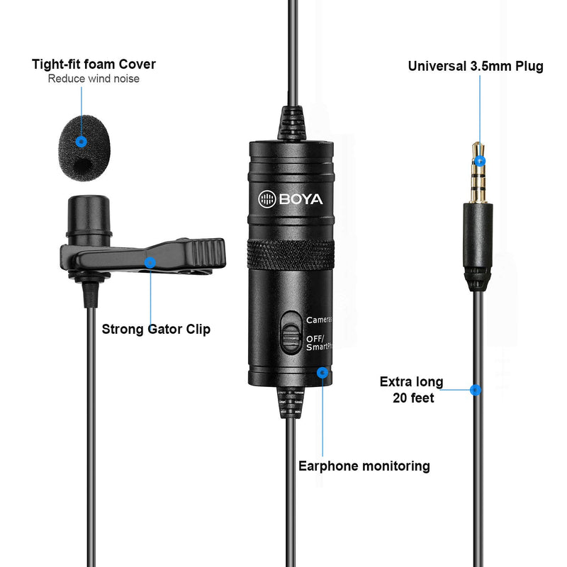 Lavalier Microphone, BOYA by-M1 Omnidirectional Condenser Clip-on Lapel Mic Compatible with iPhone 11 X 8 Android Smartphone Canon Nikon Sony DSLR Cameras Recorder Vlog Facebook Live YouTube Podcast