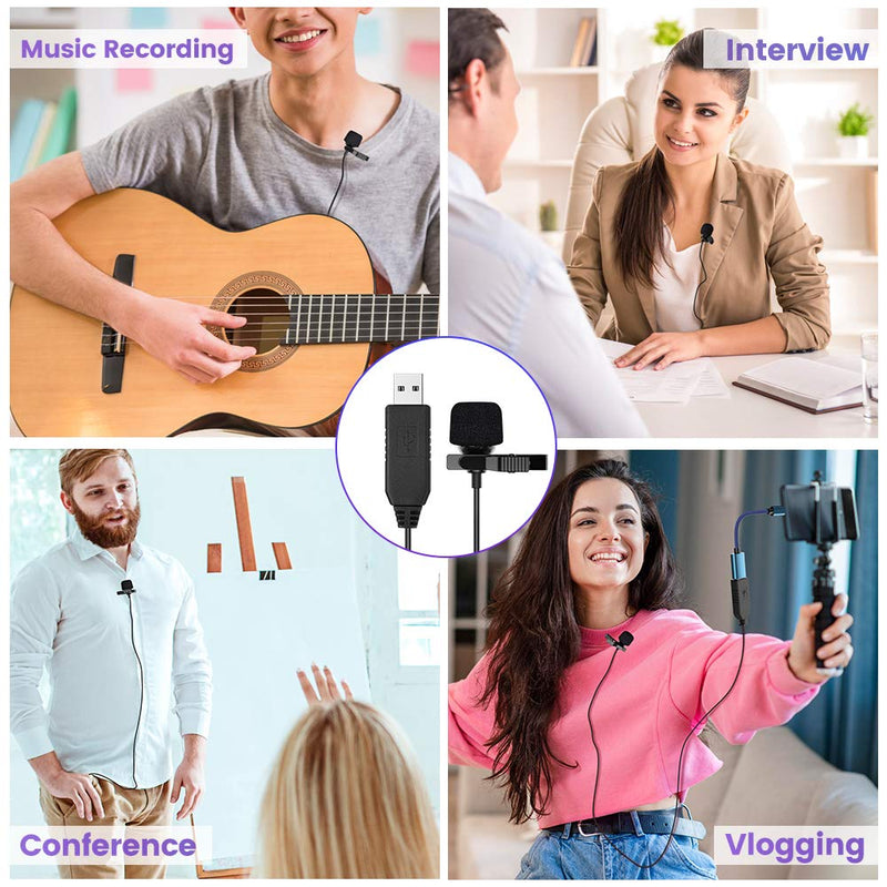 Professional Lavalier Lapel Microphone Clip-on USB Computer Microphone Plug & Play Omnidirectional Condenser Mic for PC, Laptop, Mac, Recording Mic for YouTube,Interview, Studio, Video