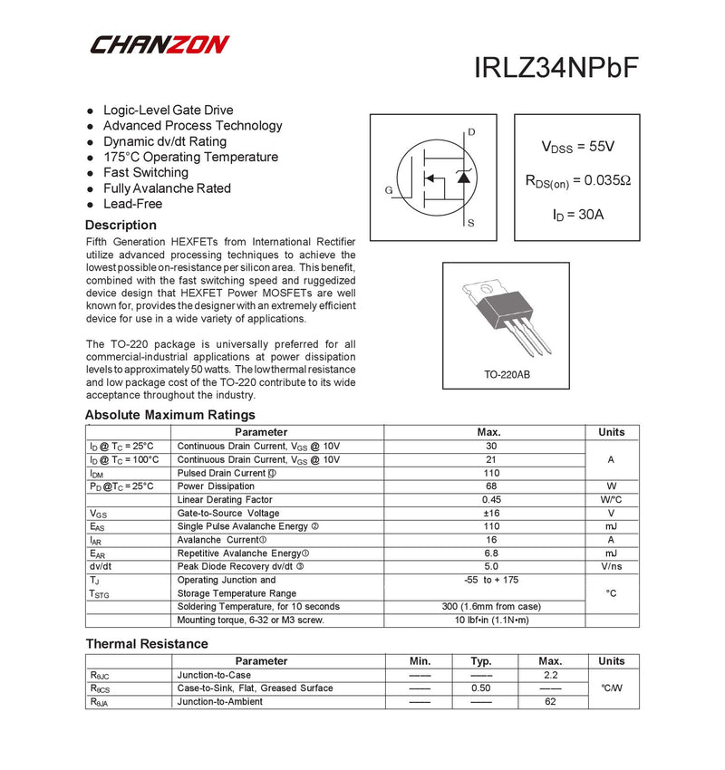 Chanzon 10pcs IRLZ34NPBF TO-220 Sic Power Sic MOSFET Transistor 30A Mosfets Transistor