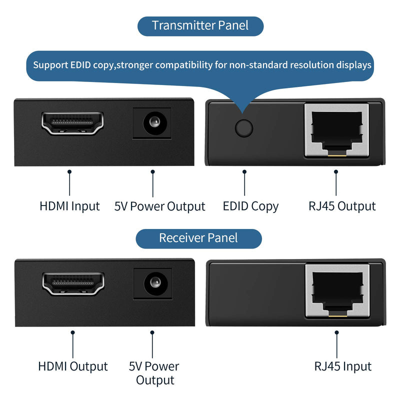 HDMI Extender 200ft HDMI Over Single Cat5e/6/7 Digital HDMI Over Ethernet HDMI Repeater Balun Transmitter Receiver Power on cat Support 1080p 3D HDCP Compatible with Fire Stick Roku Blue-ray