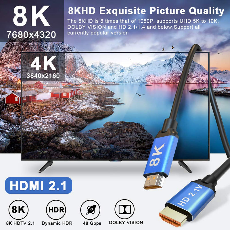 HDMI 2.1 Cable 8K, Laiduoao High Speed 48Gbps 8K@60Hz, 4K@120Hz, HDCP 2.2, 4:4:4 HDR, 3D, eARC, Compatible with Apple TV, Samsung QLED TV Dolby Vision, Dolby Atmos, eARC, VRR