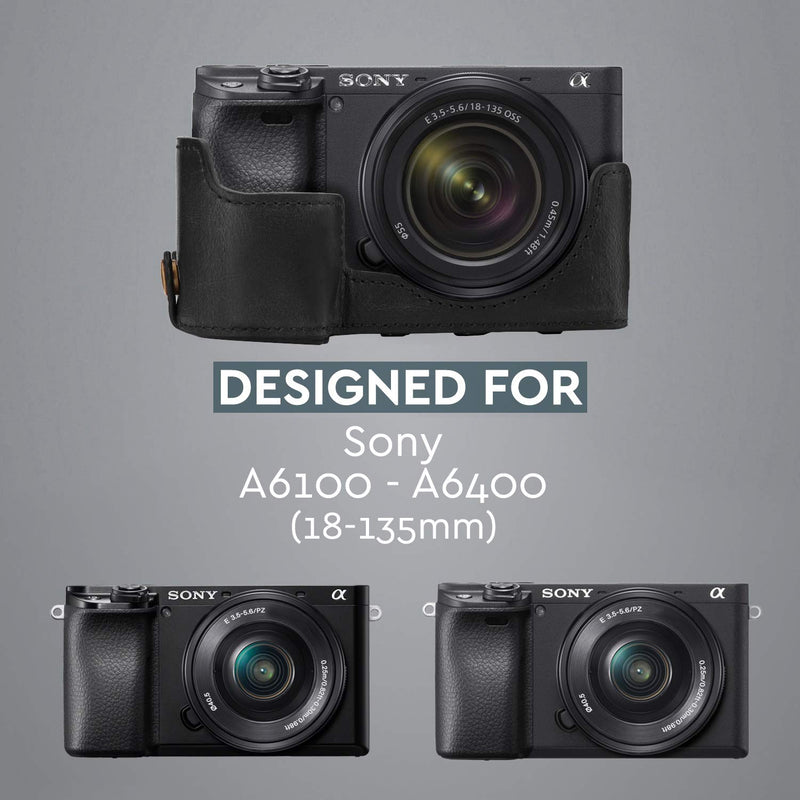 MegaGear Ever Ready Leather Camera Case Compatible with Sony Alpha A6100, A6400 (18-135mm) Black