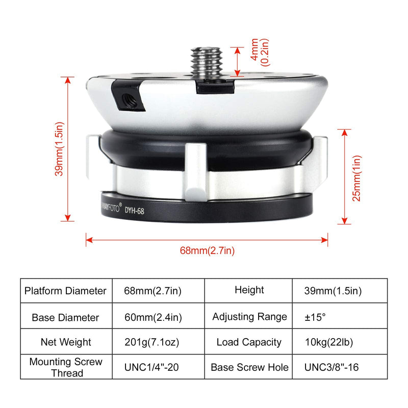 SUNWAYFOTO DYH-68 Leveling Base Tripod Head 22 lbs Load Capacity