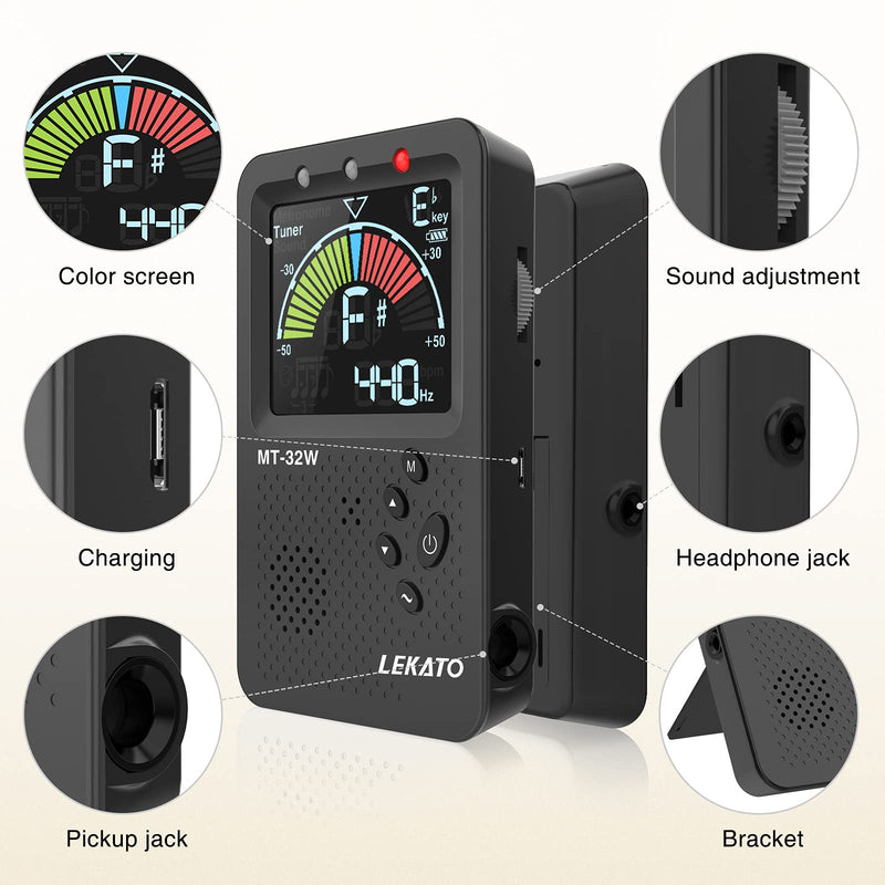 LEKATO Metronome Tuner, Rechargeable 3 In 1 Digital Tuner Metronome Tone Generator for Guitar, Bass, Violin, Ukulele Chromatic Multifunction Tuner for All Instruments Metronome with Human Voice Beat Black