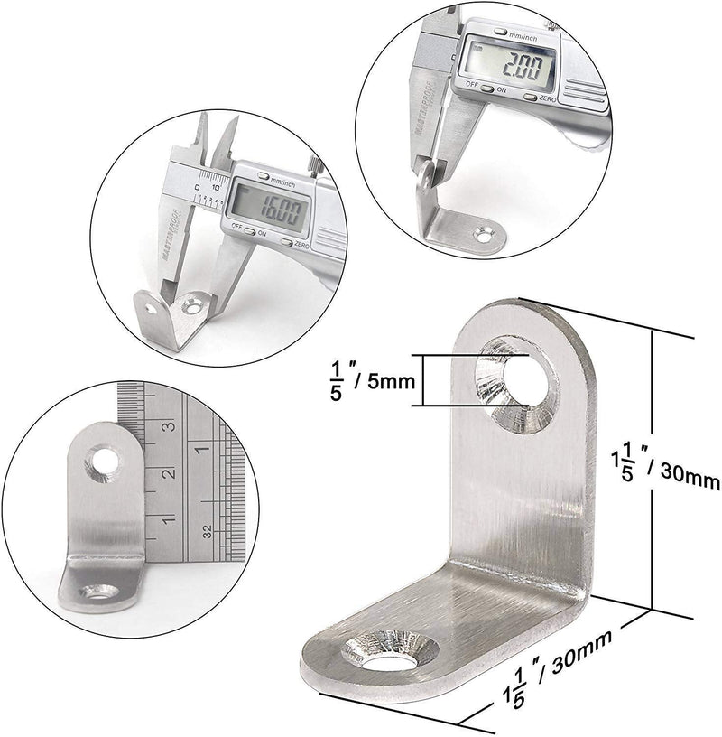 Right Angle Bracket, 30x30mm(1.1”x1.1”) Heavy Duty Adjustable Shelf, Stainless Steel L Corner Brace Joint Strong Loading Capacity, 20PCS