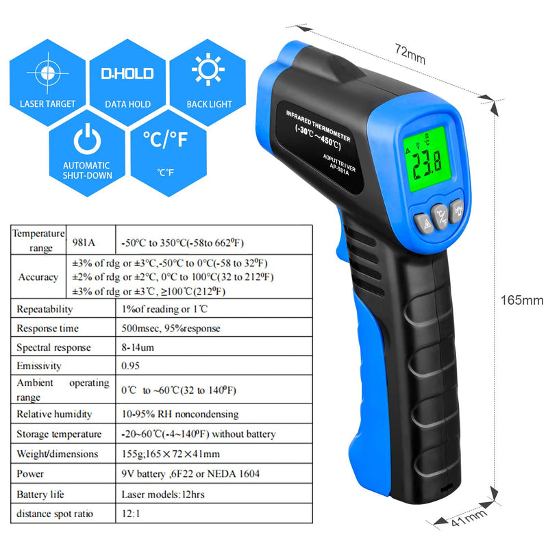 Infrared Thermometer AP-981A Non-Contact IR Thermometer Gun Temperature Gun -58℉~ 662℉(-50℃~350℃) with Backlight Data Hold for Kitchen Cooking BBQ Automotive AP-981A (White)