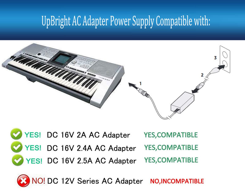 UpBright 16V AC/DC Adapter Compatible with Yamaha PA-300 PA-301 PA-300B PA-300C P-120 S Pro P-120S Motif-Rack ES XS Synthesizer PSR PSR-S PSRS Keyboard Piano PSR-1000 PSR-S500 16VDC 2.4A Power Supply